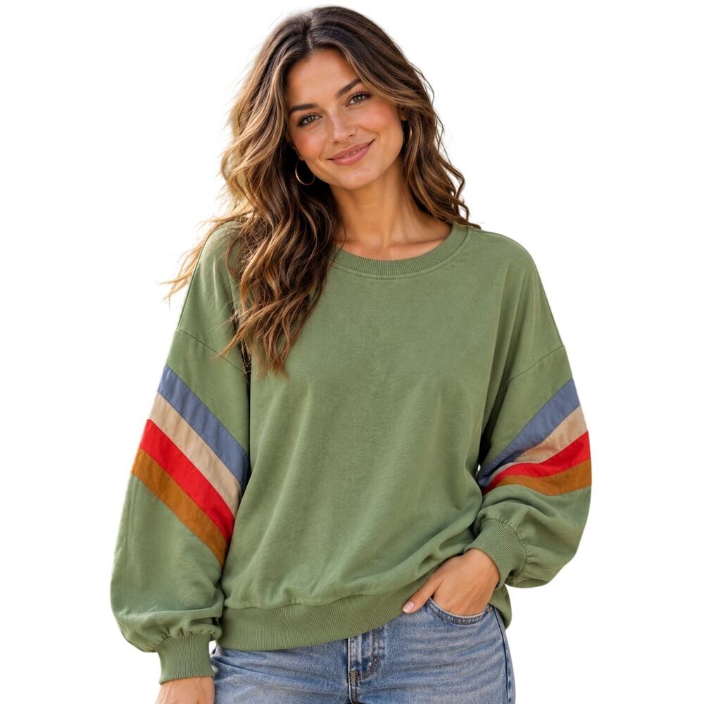 Easel Rainbow Sleeve Sweatshirt Womens Small Pistachio Green Oversized Boho